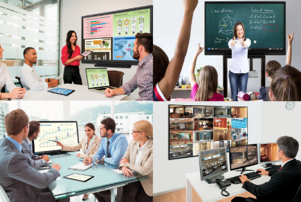  Collage of collaboration display in conference room, interactive whiteboard in a classroom,  commercial display at a huddle meeting station, and commercial display in a security office.